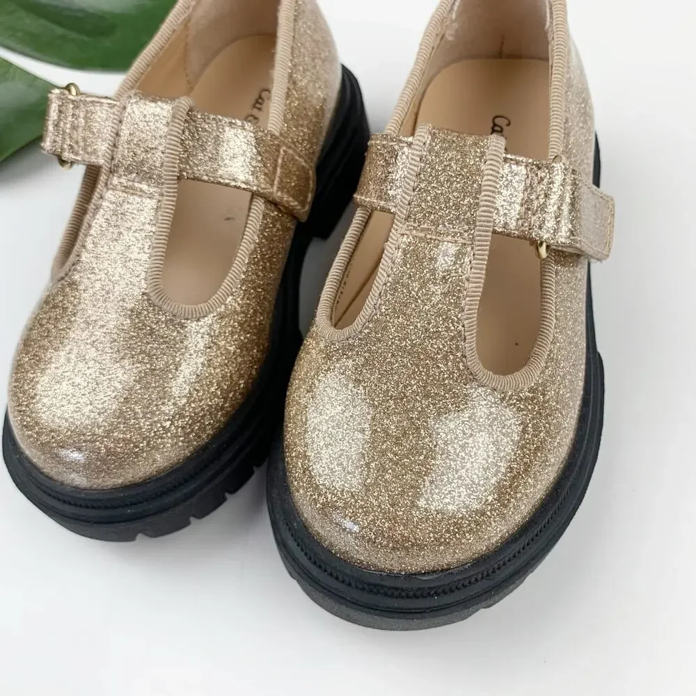 Cat & Jack Wende T-Strap Mary Jane Shoes Sparkly Gold Glitter Toddler Girls 5
